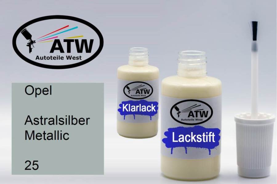 Opel, Astralsilber Metallic, 025: 20ml Lackstift + 20ml Klarlack - Set, von ATW Autoteile West.